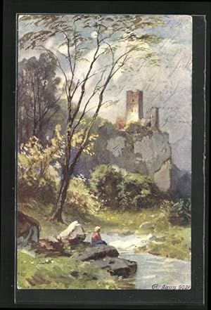 Bild des Verkufers fr Knstler-Ansichtskarte August Splitgerber: Mann am Fluss unweit einer Burg zum Verkauf von Bartko-Reher