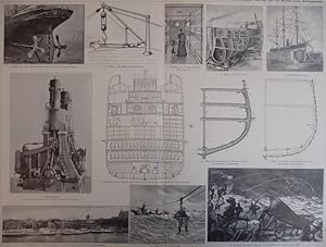 Holzstich - (Vielansicht ) - Zur Schiffskunde / Marine II. Einrichtungen, Teile und Bau von Schif...