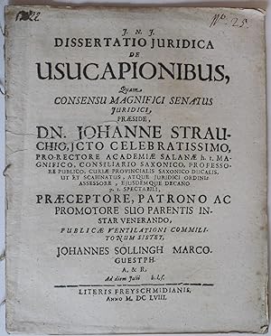 Bild des Verkufers fr Dissertatio Iuridica De Usucapionibus, . zum Verkauf von Auceps-Antiquariat Sebastian Vogler