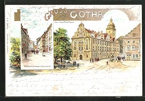 Lithographie Gotha, Marktstrasse v. Neumarkt, Neues Rathaus