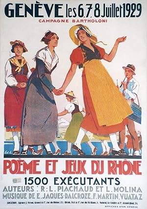 "POÊME ET JEUX DU RHÔNE" Affiche originale entoilée / Litho par Ed.E. AFFICHES ATAR Genève (1929)