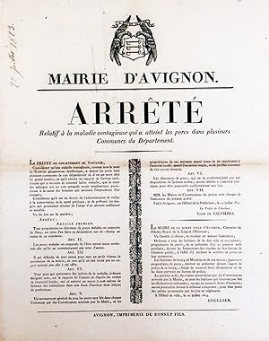 "ARRÊTÉ du PRÉFET du VAUCLUSE contre l'ENTÉRITE PORCINE 1823" Arrêté de Jules De CALVIÈRES Préfet...