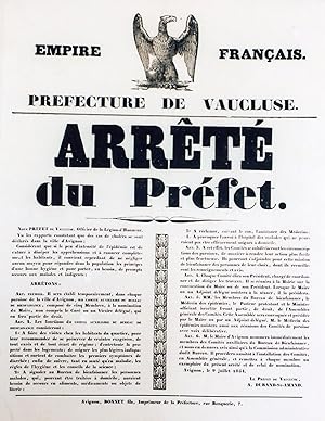 "ARRÊTÉ du PRÉFET du VAUCLUSE contre le CHOLÉRA (1854)" Arrêté de A. DURAND-ST-AMAND Préfet du Va...