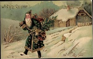 Ansichtskarte / Postkarte Frohe Weihnachten, Merry Christmas, Weihnachtsmann mit Tannenbaum