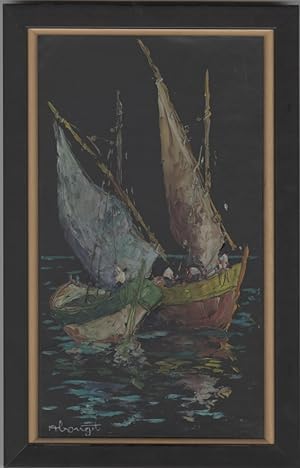 "BATEAUX DE PÊCHE EN MÉDITERRANÉE" Peinture gouache sur bois encadrée signée ABOUGIT