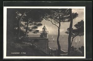 Ansichtskarte Portofino, Il Faro, der Leuchtturm mit Blick auf die Segelschiffe