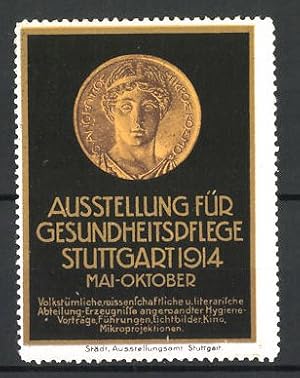 Bild des Verkufers fr Reklamemarke Stuttgart, Ausstellung fr Gesundheitspflege 1914, Goldmnze mit griech. Gott zum Verkauf von Bartko-Reher