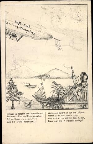 Gedicht Ansichtskarte / Postkarte Luftpost kommt mit Zeppelin, Konstanz Königsberg, Schwer zu fes...
