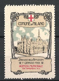 Bild des Verkufers fr Reklamemarke Milano, Servizio delle Affissioni 1. Gennaio1908, Stadtansicht zum Verkauf von Bartko-Reher