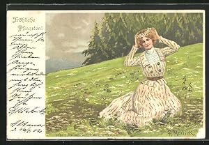 Bild des Verkufers fr Knstler-Ansichtskarte Alfred Mailick: hbsche Frau im eleganten Kleid auf einem Feld im Sommer zum Verkauf von Bartko-Reher