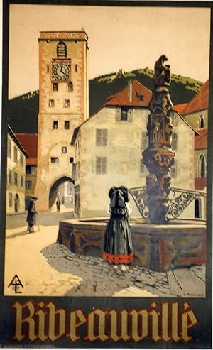 "RIBEAUVILLE" Affiche originale entoilée / Litho par G. TROUSSARD / Imp. ALSACIENNE Strasbourg (v...