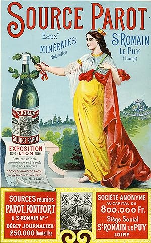 "SOURCE PAROT (Eaux Minérales ST-ROMAIN LE PUY)" Affiche d'intérieur originale entoilée / Litho E...