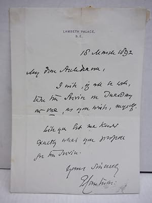 EDWARD WHITE BENSON Archbishop of Canterbury - Signed letter 1892