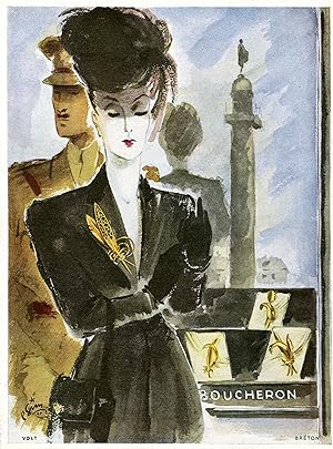 "BOUCHERON" Annonce originale entoilée parue dans PLAISIR DE FRANCE en 1948 et illustrée par P. SIM