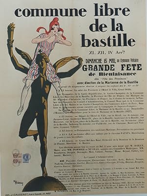 "COMMUNE LIBRE DE LA BASTILLE 1927" Affiche originale entoilée / Litho par M. THIERRY / Imp. J. C...
