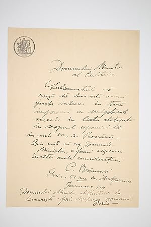 Lettre autographe signée adressée au Ministère roumain des cultes
