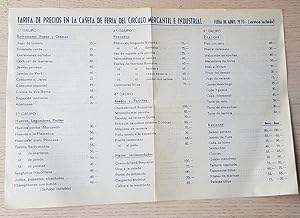 TARIFA DE PRECIOS CASETA DE FERIA CIRCULO MERCANTIL E INDUSTRIAL, SEVILLA, abril 1970