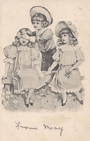 Children in Peek-A-Boo Hide & Seek Blindfold Antique Postcard