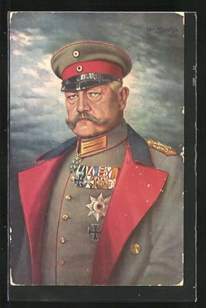 Künstler-Ansichtskarte uniformierter Paul von Hindenburg mit Abzeichen und Orden