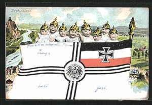 Image du vendeur pour Ansichtskarte Kleinkinder mit Pickelhauben vor Reichskriegsflagge, Kinder Kriegspropaganda mis en vente par Bartko-Reher