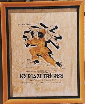 "Cigarettes KYRIAZI FRÈRES (APIS IMPERATORE)" Peinture gouache sur bois encadrée