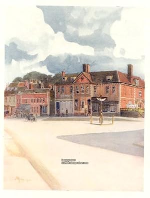 NEW INN AND HIGH STREET IN EPSOM, SURREY IN THE UNITED KINGDOM, 1914 VINTAGE COLOUR LITHOGRAPH