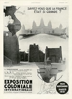 "L'INDOCHINE et L'A.O.F. à l'EXPOSITION COLONIALE de 1931" Annonce originale entoilée parue dans ...