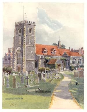 BEDDINGTON CHURCH SURREY IN THE UNITED KINGDOM,1914 VINTAGE COLOUR LITHOGRAPH