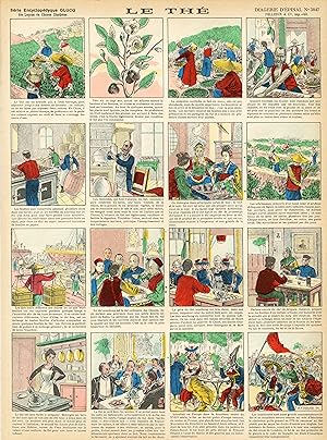 "LE THÉ" Imagerie originale entoilée / Gravure sur bois et coloriée au pochoir de Henri FERRAN / ...