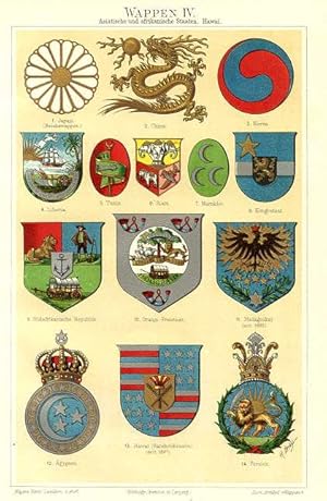 Seller image for COAT OF ARMS OF HAWAII ,JAPAN,CHINA,KOREA, IRAQ, AFRICAN COUNTRIES, WAPPEN,1894 Original Antique Chromolithograph for sale by Artisans-lane Maps & Prints