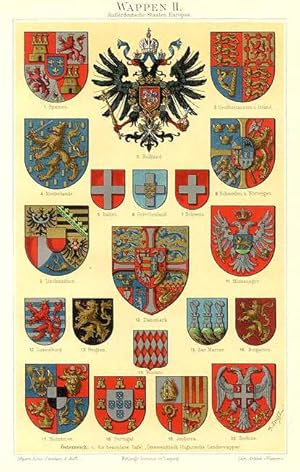 Seller image for COAT OF ARMS OF EUROPEAN COUNTRIES, WAPPEN,1894 Original Antique Chromolithograph for sale by Artisans-lane Maps & Prints