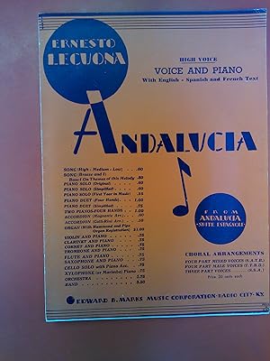 Bild des Verkufers fr Andalucia, High Voice, Voice and Piano with englisch - spanisch and french Text zum Verkauf von biblion2