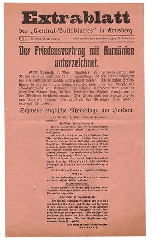 Bild des Verkufers fr Extrablatt des Central-Volksblattes in Arnsberg. Nr. 611. Redakteur: B. Mommertz.7. Mai 1918: Der Friedensvertrag mit Rumnien unterzeichnet [Friede von Bukarest]- Schwere englische Niederlage am Jordan u.a. zum Verkauf von Antiquariat Dr. Lorenz Kristen