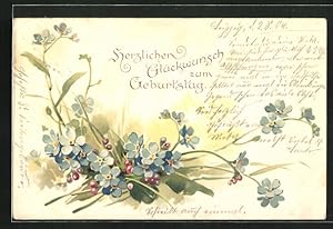 Lithographie Geburtstagsgruss mit blauen Blumen