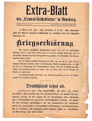 Bild des Verkufers fr Extra-Blatt des Central-Volksblattes in Arnsberg. Wien, 28. Juli: Kriegserklrung. Auf Grund allerhchster Entschlieung Seiner kn. und kais. apostolischen Majestt vom 28. Juli 1914 wurde heute an die Kgl. serbische Regierung eine in franzsischer Sprache abgefate Kriegserklrung gerichtet, die in deutscher bersetzung folgendermaen lautet. - Deutschland lehnt ab. zum Verkauf von Antiquariat Dr. Lorenz Kristen