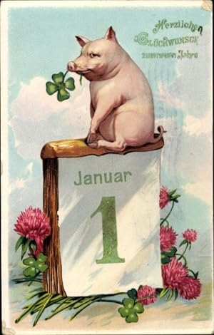Ansichtskarte / Postkarte Glückwunsch Neujahr, Schwein, Glücksklee, Kalender, Blumen