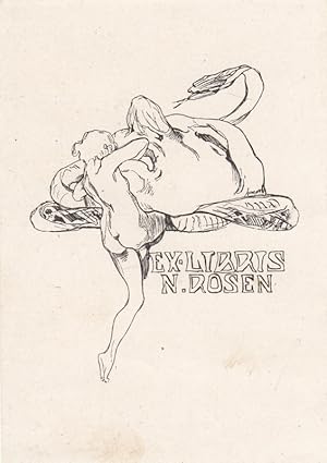 Bild des Verkufers fr Ex Libris N. Rosen. Nacktes Mdchen (Rckenfigur) und groe Maske. zum Verkauf von Antiquariat  Braun
