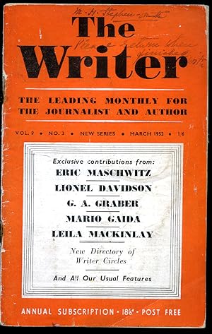 Bild des Verkufers fr The Writer Magazine | The Leading Monthly for the Journalist and Author | Volume 9 No. 3 (March 1952) zum Verkauf von Little Stour Books PBFA Member