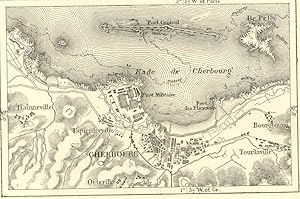 CHERBOURG,Manche,France,1800s Antique Map