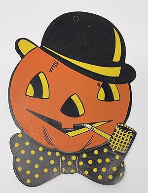 Jack-O-Lantern Pumpkin Head with Bowler Hat and Pipe-- Halloween Decoration