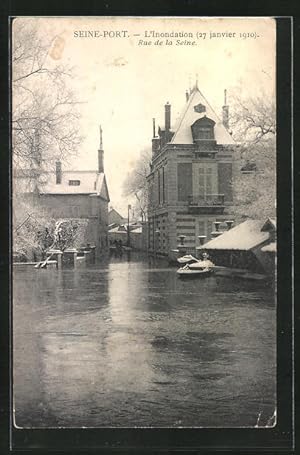 Ansichtskarte Seine-Port, L`Inondation 1910, Rue de la Seine, Strassenpartie bei Hochwasser