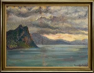 Impressionistische Berglandschaft mit See. 1917. [Original-Ölgemälde auf Hartfaserplatte, gerahmt...