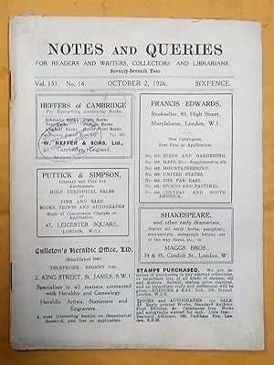 Notes and Queries for Readers and Writers Collectors and Librarians, vol. 151, no 14, October 2 1926