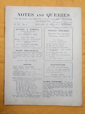 Notes and Queries for Readers and Writers Collectors and Librarians, vol. 152, no 4, January 22, ...