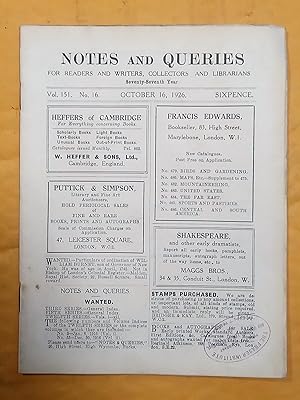 Notes and Queries for Readers and Writers Collectors and Librarians, vol. 151, no 16, October 16 ...
