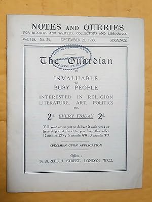 Notes and Queries for Readers and Writers Collectors and Librarians, vol. 165, no 25, December 23...