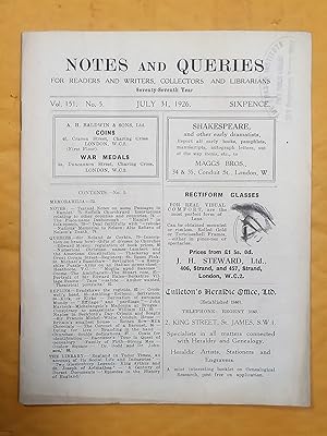 Notes and Queries for Readers and Writers Collectors and Librarians, vol. 151, no 5, July 31 1926