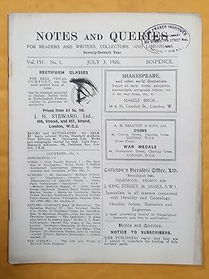Notes and Queries for Readers and Writers Collectors and Librarians, vol. 151, no 1, July 3, 1926