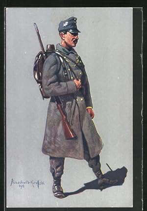 Künstler-Ansichtskarte österreichische Uniform, Tyroler Kaiserjäger marschiert