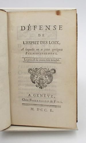 Image du vendeur pour Dfense de L'Esprit des Loix  laquelle on a joint quelques claircissemens mis en vente par L'Ancienne Librairie